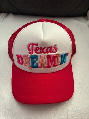 Texas Dreamin' Red & White Trucker Hat embroidered letters